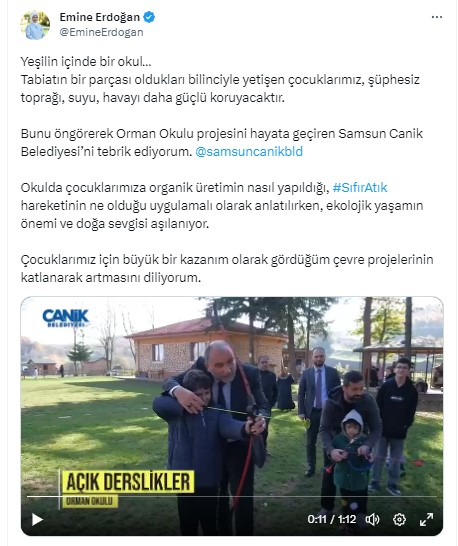 Emine Erdoğan'dan Canik Belediyesi'ne tebrik