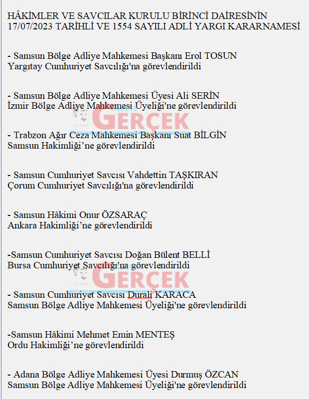 HSK 2023 kararnamesi ile Samsun'da çok sayıda hakim ve savcının görev yeri değişti