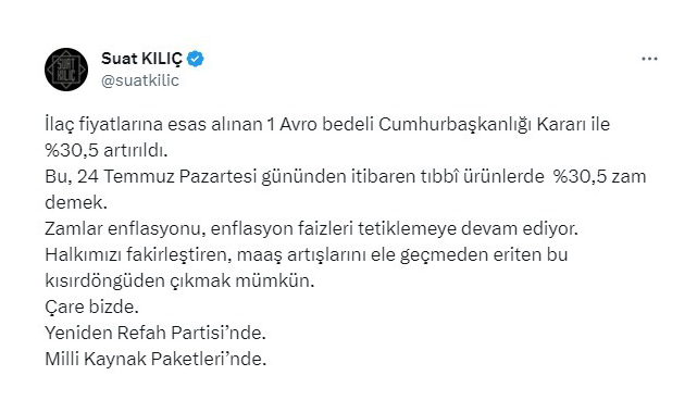Suat Kılıç'tan AK Parti'ye zam tepkisi