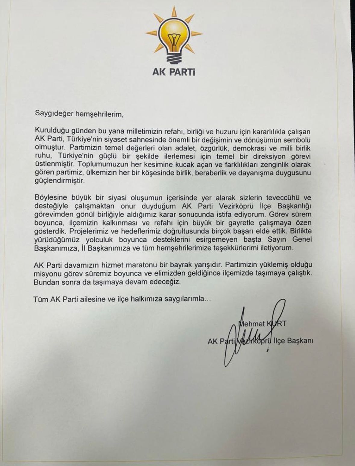 AK Parti Vezirköprü İlçe Başkanı istifa ettiğini açıkladı