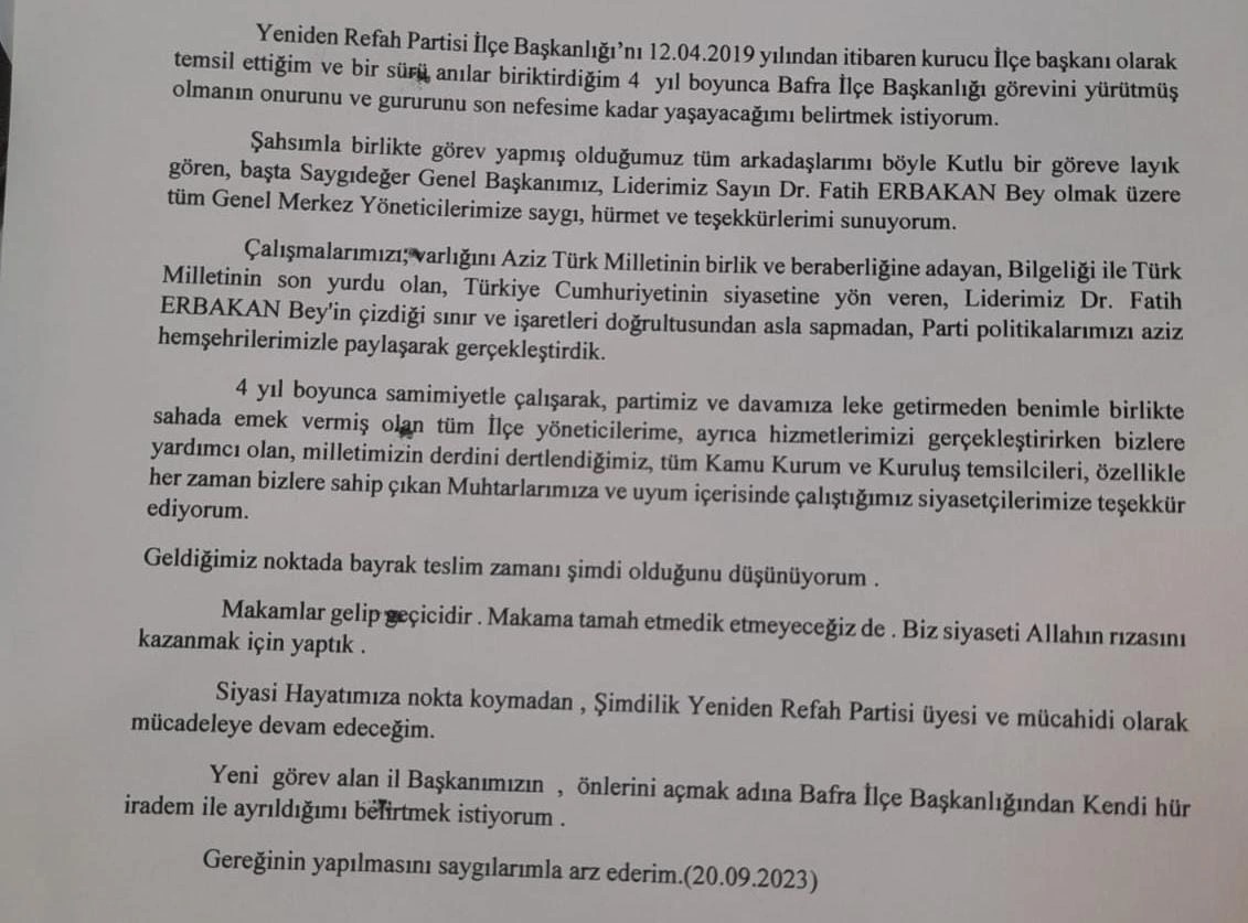 Yeniden Refah Partisi Bafra İlçe Başkanı Bilal Arslan istifa etti!