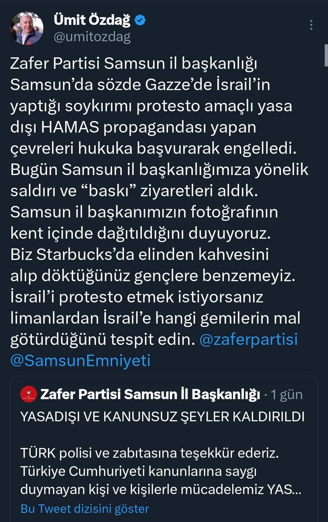 Ümit Özdağ "Samsun İl Başkanımız Faruk Şen tehdit edildi"