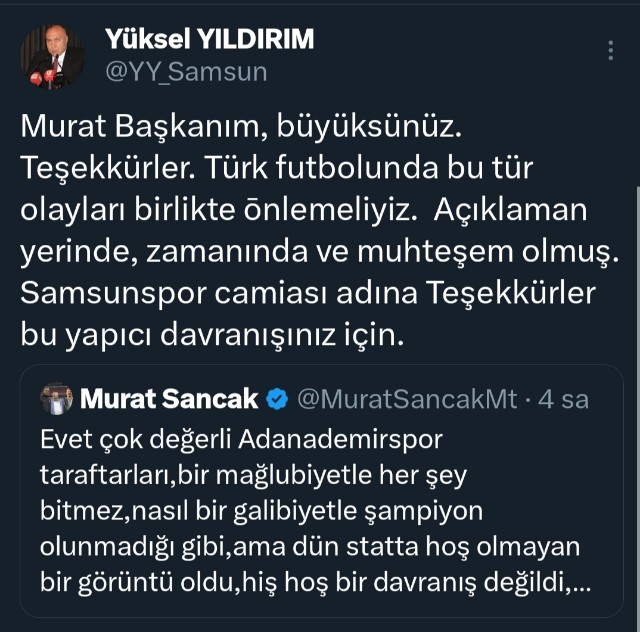 Yüksel Yıldırım Murat Sancak'a teşekkür etti 'Türk futbolundaki olayları birlikte ōnlemeliyiz'