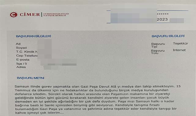 Gazi Tümgeneral Davut Alâ için CİMER'e teşekkür dilekçesi