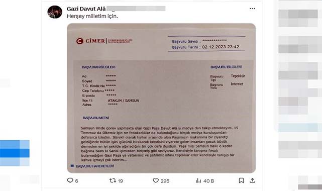 Gazi Tümgeneral Davut Alâ için CİMER'e teşekkür dilekçesi