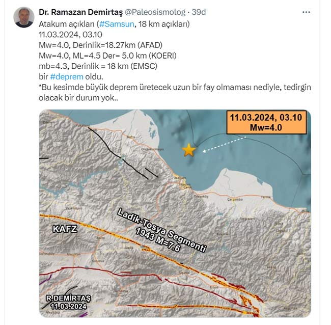 Samsun'da yaşanan deprem ile ilgili Dr.Ramazan Bayraktar açıklama yaptı