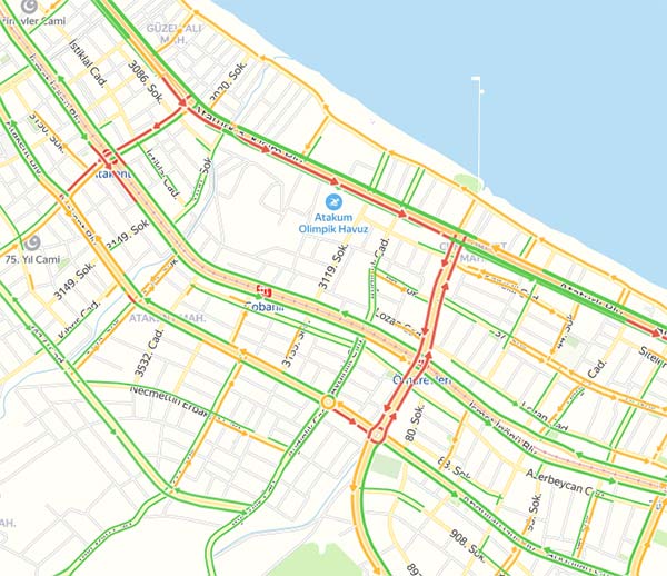 Samsun'da Ramazan Bayramında yaşanan trafik yoğunluğu haritaya yansıdı