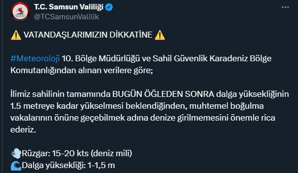 Samsun Valiliği'nden vatandaşlara denize girmeyin uyarısı
