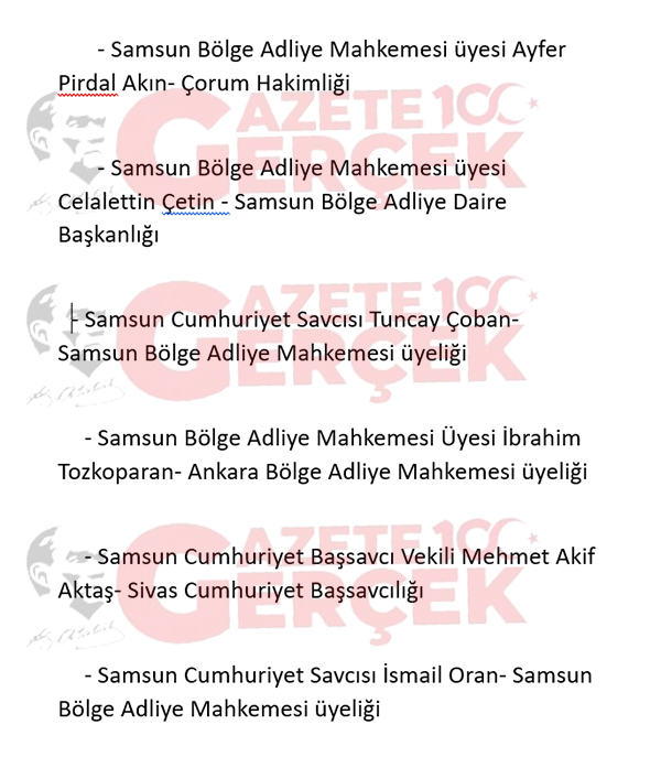 HSK kararı ile Samsun'dan giden ve Samsun'a gelen hakim savcılar belli oldu