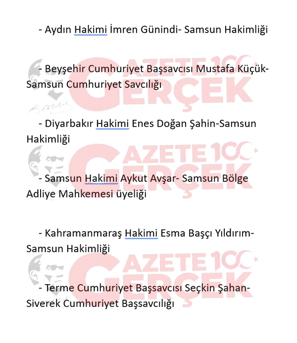 HSK kararı ile Samsun'dan giden ve Samsun'a gelen hakim savcılar belli oldu