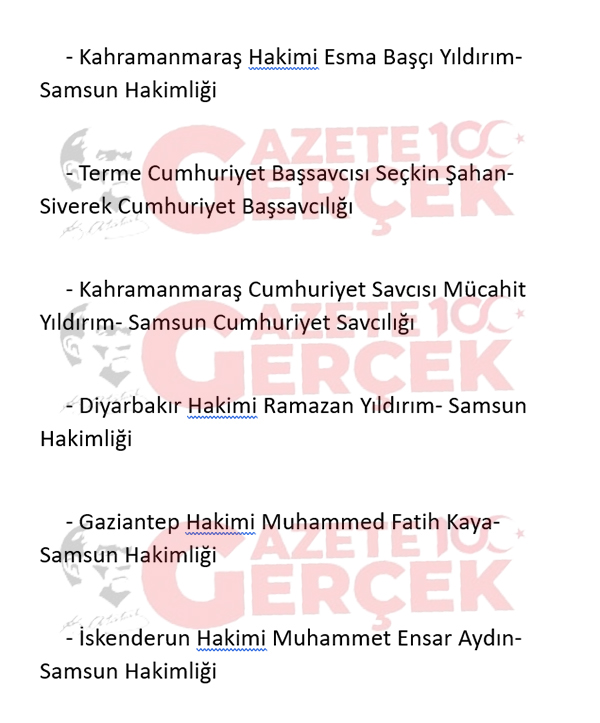 HSK kararı ile Samsun'dan giden ve Samsun'a gelen hakim savcılar belli oldu