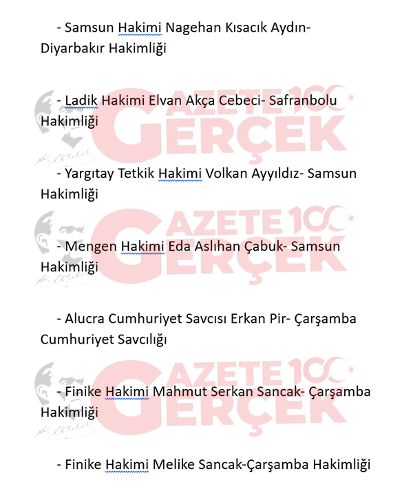 HSK kararı ile Samsun'dan giden ve Samsun'a gelen hakim savcılar belli oldu