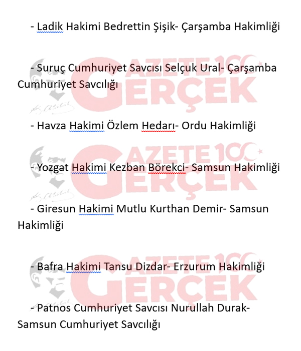 HSK kararı ile Samsun'dan giden ve Samsun'a gelen hakim savcılar belli oldu