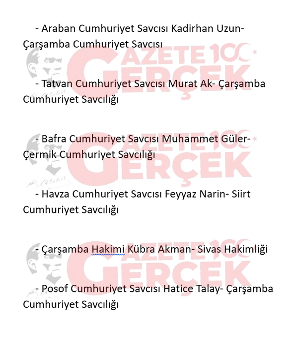 HSK kararı ile Samsun'dan giden ve Samsun'a gelen hakim savcılar belli oldu