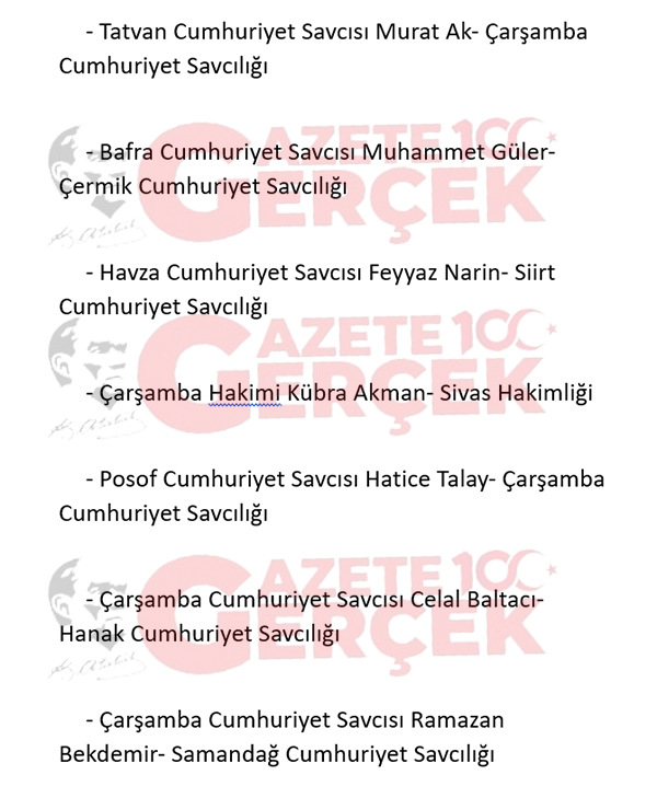 HSK kararı ile Samsun'dan giden ve Samsun'a gelen hakim savcılar belli oldu