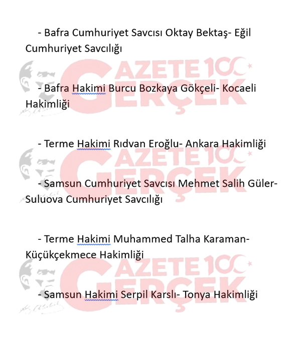 HSK kararı ile Samsun'dan giden ve Samsun'a gelen hakim savcılar belli oldu