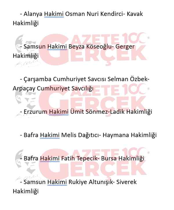 HSK kararı ile Samsun'dan giden ve Samsun'a gelen hakim savcılar belli oldu