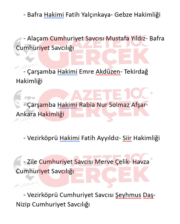 HSK kararı ile Samsun'dan giden ve Samsun'a gelen hakim savcılar belli oldu