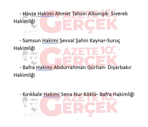 HSK kararı ile Samsun'dan giden ve Samsun'a gelen hakim savcılar belli oldu
