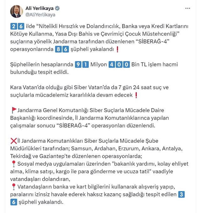 Samsun dahil 26 ilde 'Siberağ-4' operasyonu: 86 gözaltı