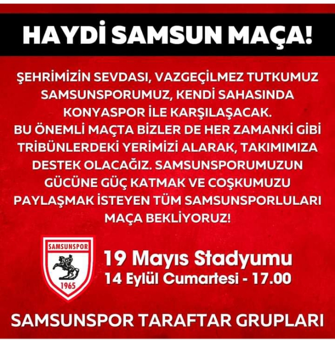Samsunsporlu taraftarlara Konyaspor maçı çağrısı