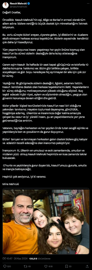 Nasuh Mahruki'nin tutukluluğuna eşi Mine'den destek