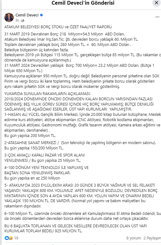 Cemil Deveci, 950 milyon borç bıraktığı iddiasına yanıt verdi