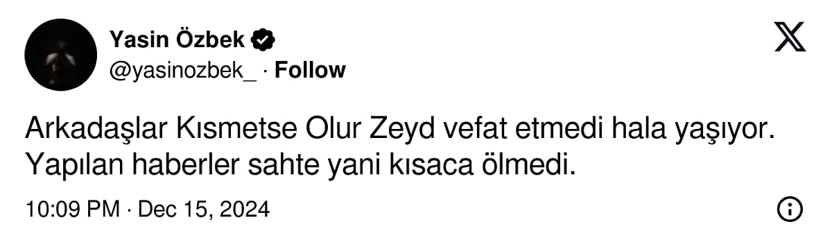 Kısmetse Olur Zeyd öldü mü? Yasin Özbek’ten açıklama!