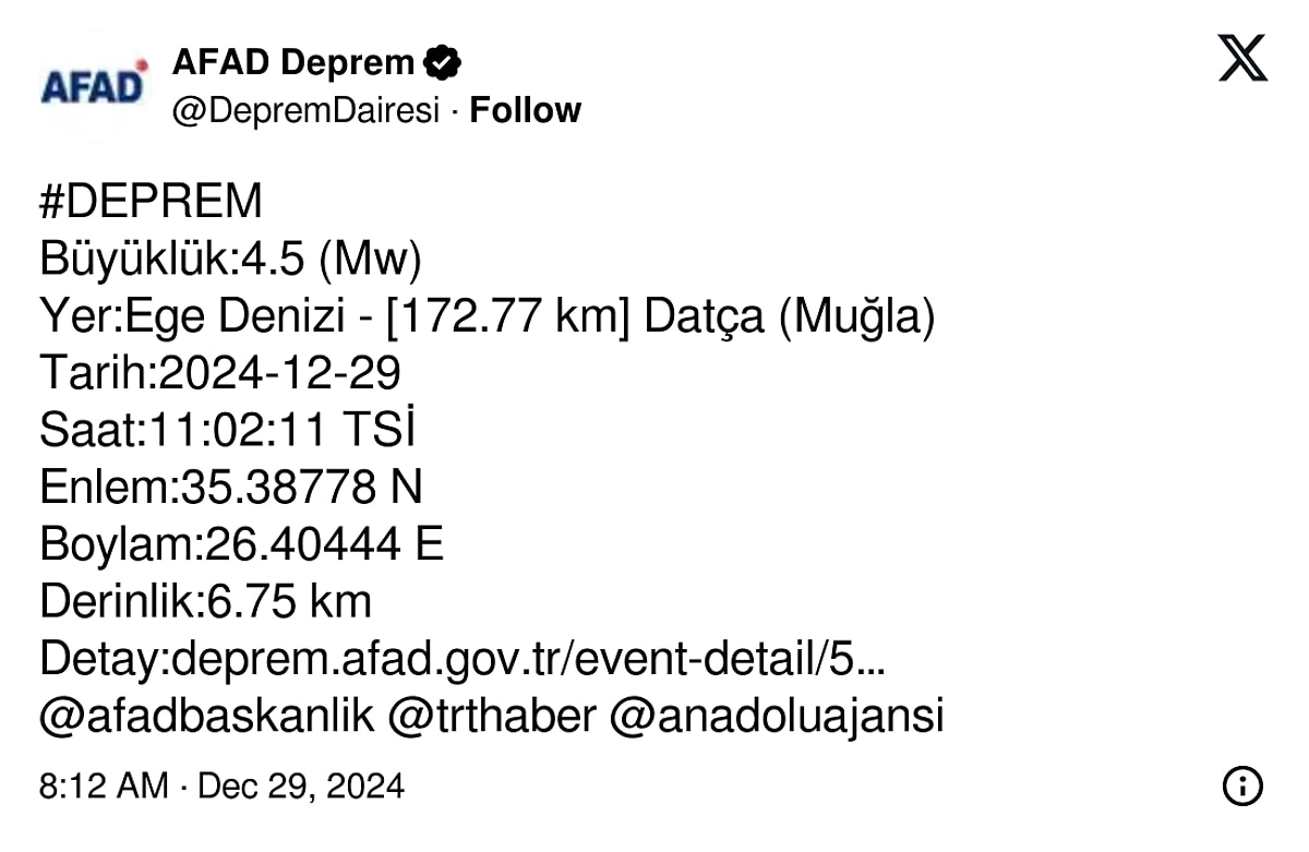 AFAD duyurdu: Muğla Datça’da büyük deprem!