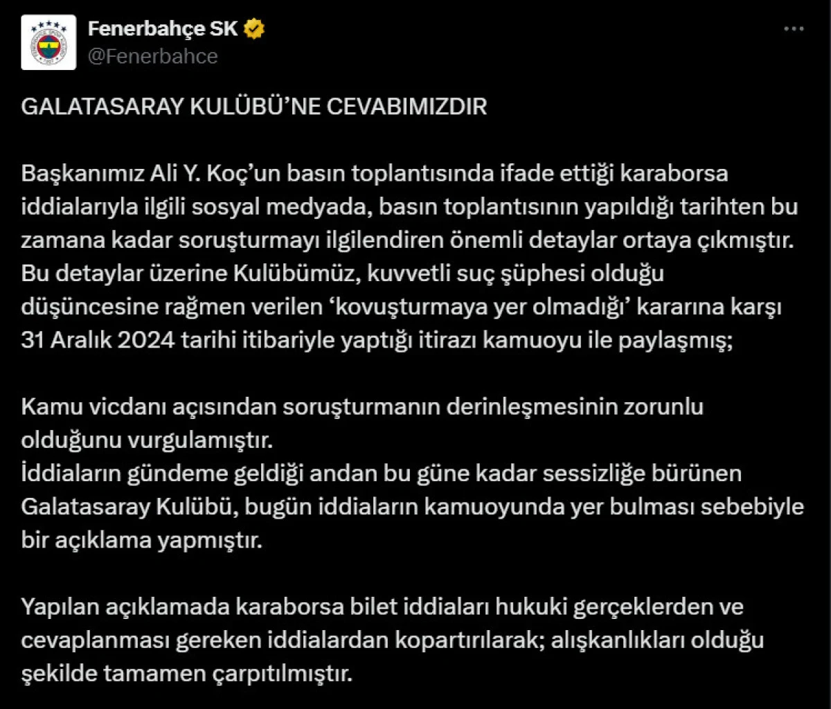 Fenerbahçe’den Galatasaray’a sert yanıt