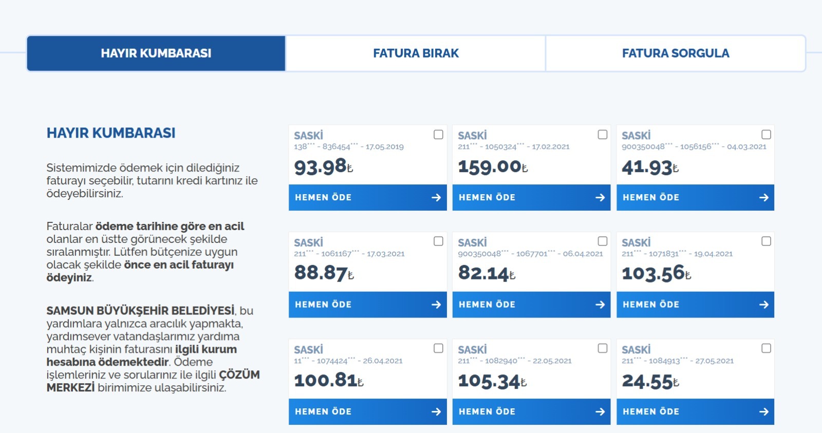Samsun'da Hayır Kumbarası ile faturaları hayırseverler ödüyor