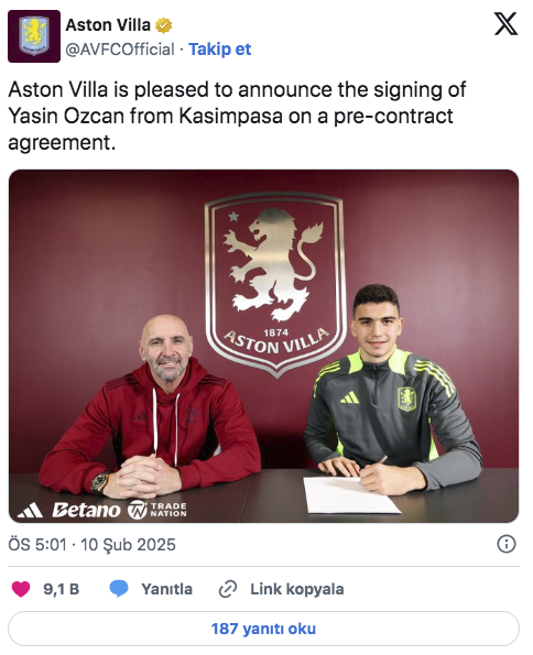 Aston Villa Yasin Özcan transferini resmen duyurdu! Süper Lig'den Premier League'e 