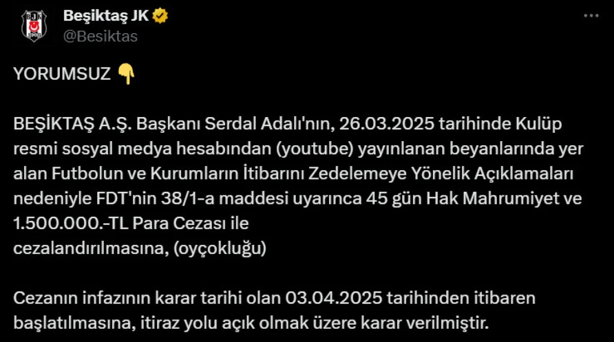 Beşiktaş Kulübünden TFF’ye tepki! “Yorumsuz”