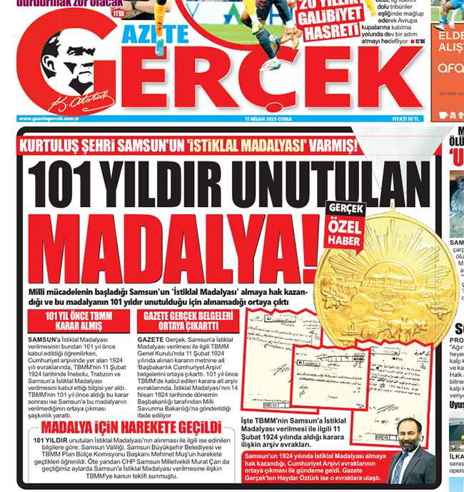 Samsun'un İstiklal Madalyası varmış! 101 yıldır unutulan madalya