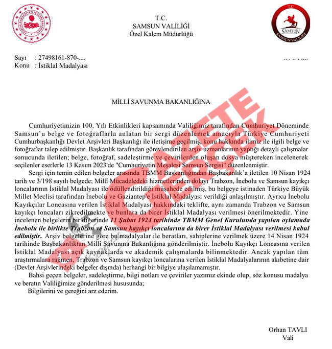 Samsun İstiklal Madalyasını istiyor! Valilik resmi yazı ile başvurdu