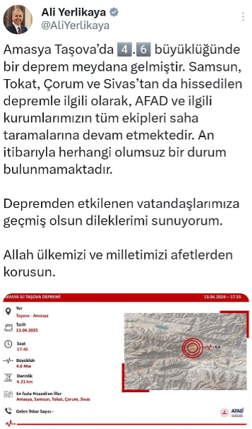 Ali Yerlikaya'dan Samsun'da da hissedilen Amasya depremine ilişkin açıklama!