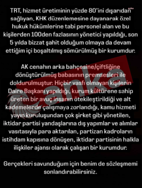 TRT, sosyal medyada kurumu eleştiren uzmanın işine son verdi