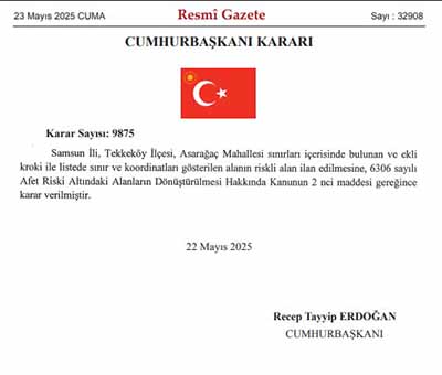 Resmi Gazete'de Samsun ile ilgili karar! Riskli alan ilan edildi