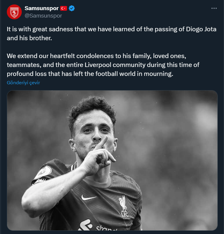 Samsunspor'dan Diogo Jota için İngilizce başsağlığı mesajı