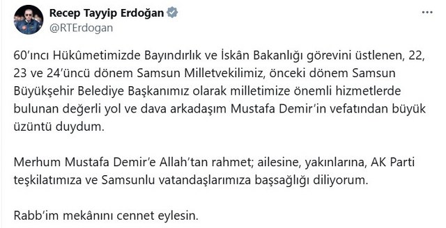 Cumhurbaşkanı Erdoğan'dan Mustafa Demir için taziye mesajı