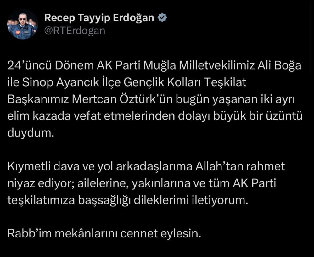 Cumhurbaşkanı Erdoğan'dan vefat eden milletvekili için taziye mesajı