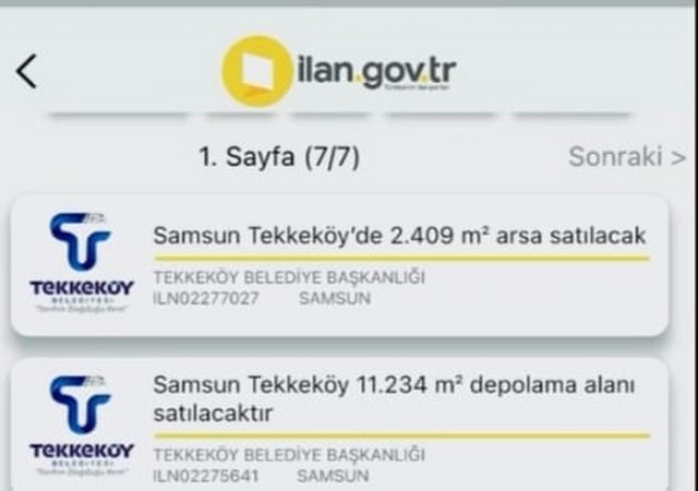 Samsun'da Tekkeköy Belediyesi, 2 arazinin satışı için ihaleye çıktı