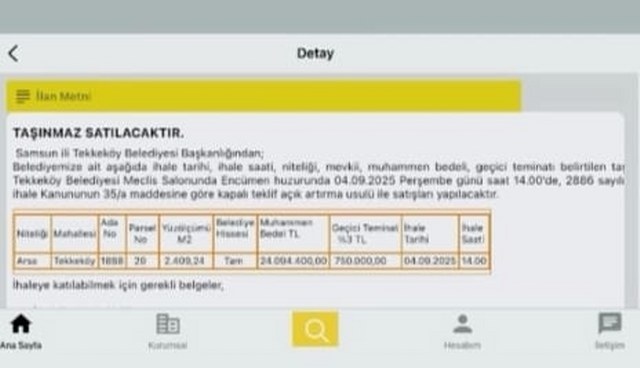 Samsun'da Tekkeköy Belediyesi, 2 arazinin satışı için ihaleye çıktı