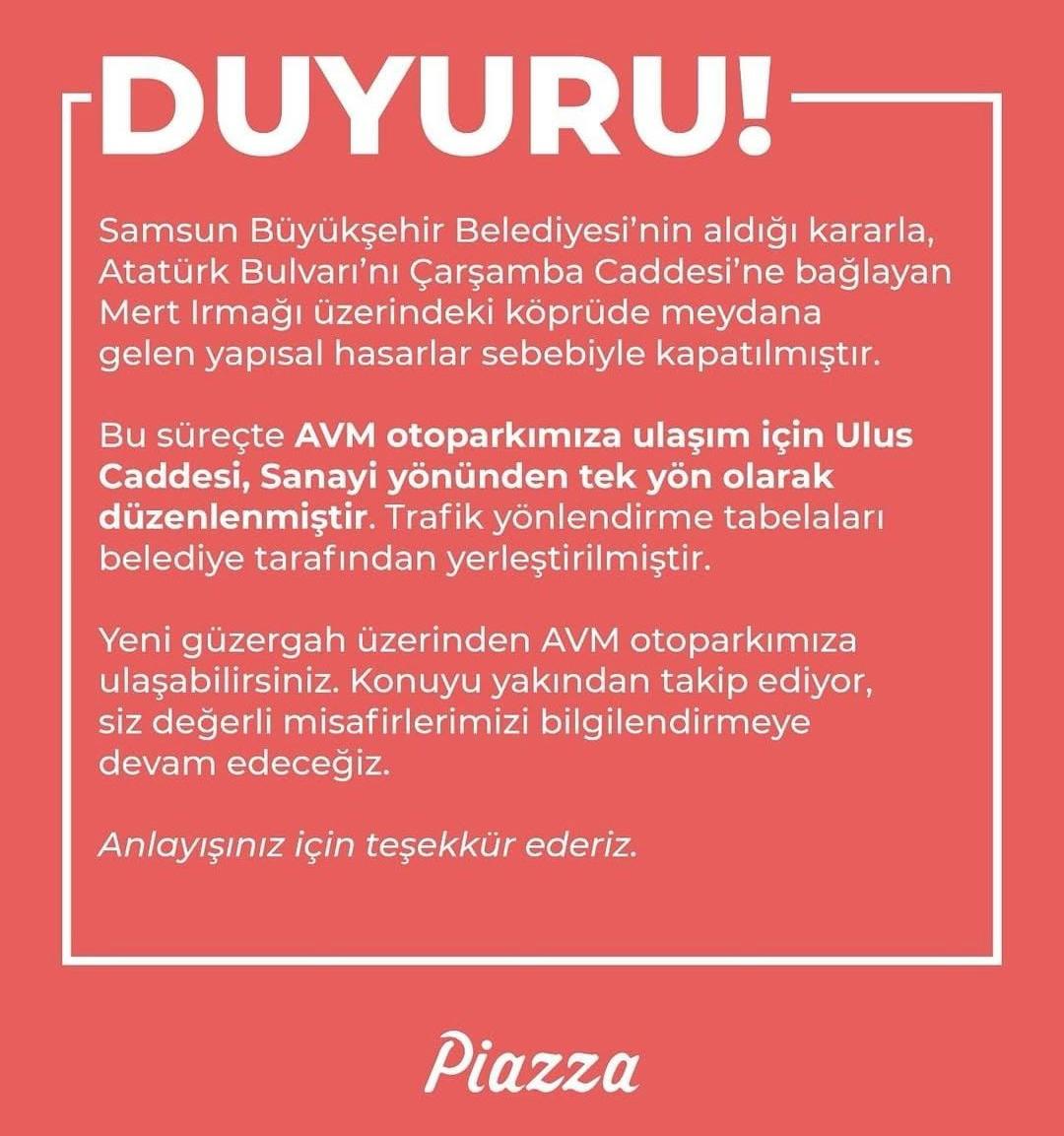 Samsun Piazza AVM'den önemli duyuru!