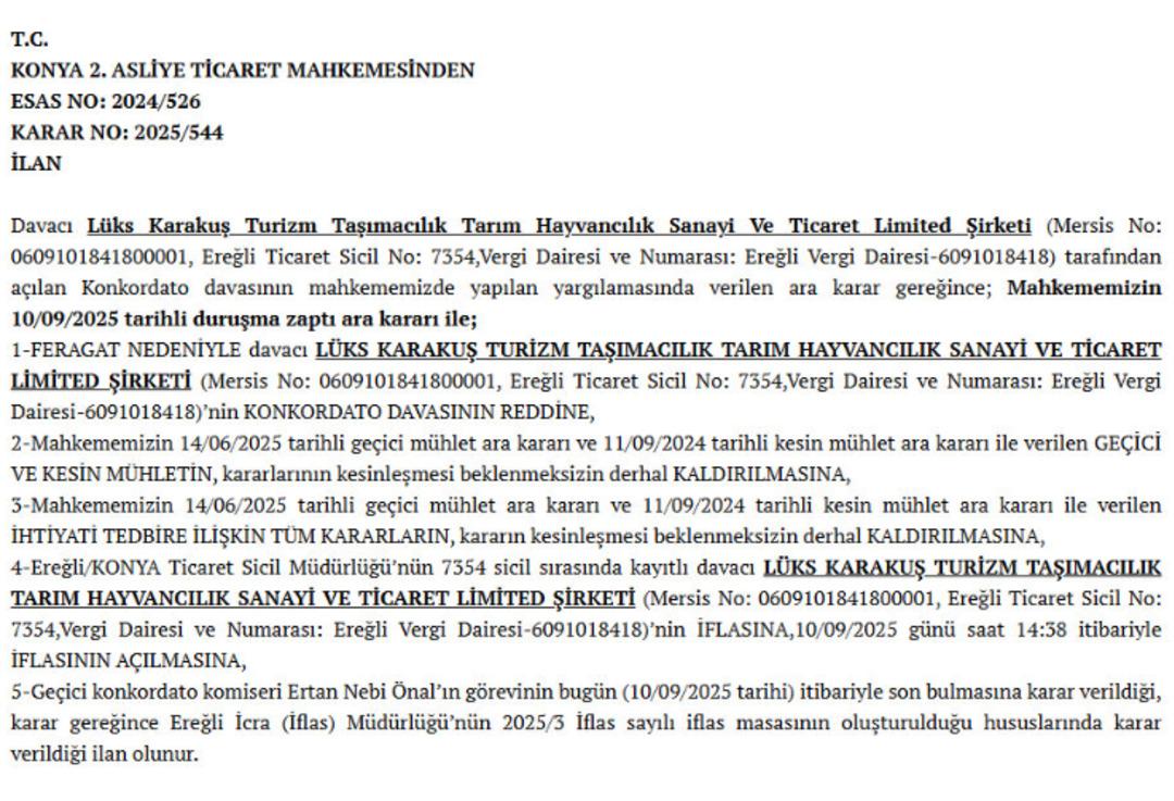 Lüks Karakuş Turizm iflas etti!