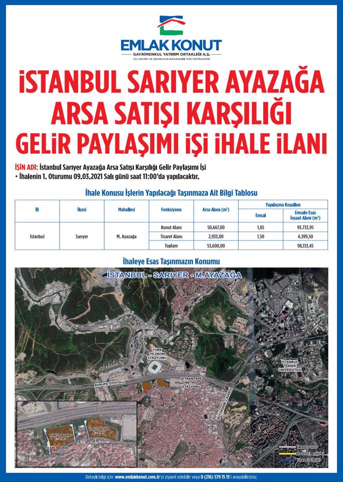 Sarıyer-Ayazağa arsa satışı karşılığı gelir paylaşımı ihale ilanı