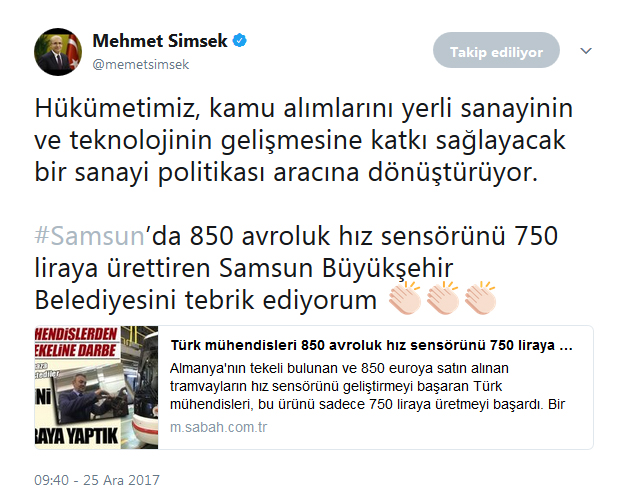 Şimşek'ten Büyükşehir'e kutlama