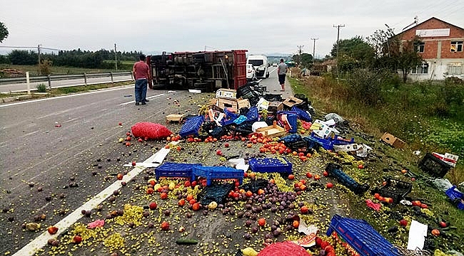 Meyve yüklü kamyon devrildi