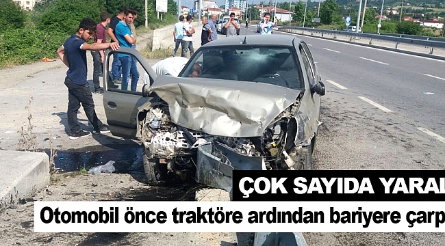 Otomobil önce traktöre ardından bariyere çarptı