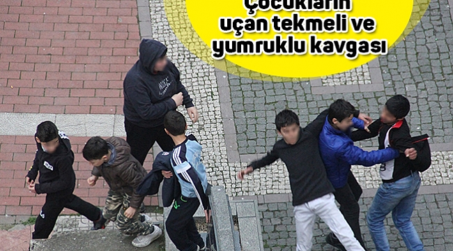 Çocukların uçan tekmeli ve yumruklu kavgası